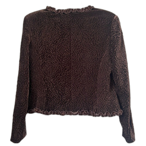 Y2K Emma James Burnout Velvet Textured Ruffled Brown Zip Whimsigoth Blazer SZ 14 - Picture 2 of 13